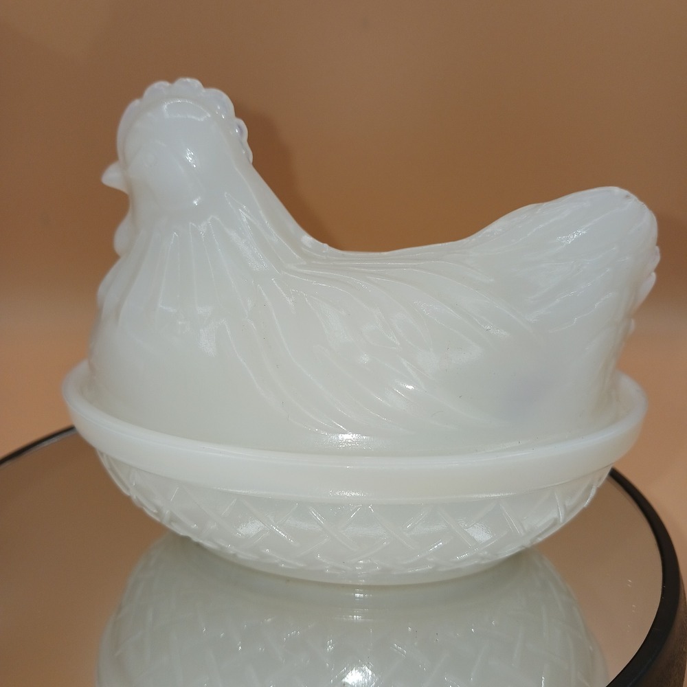 Hazel Atlas Milk Glass Hen on Nest 4.5" Vintage White Chicken Covered Dish Small
